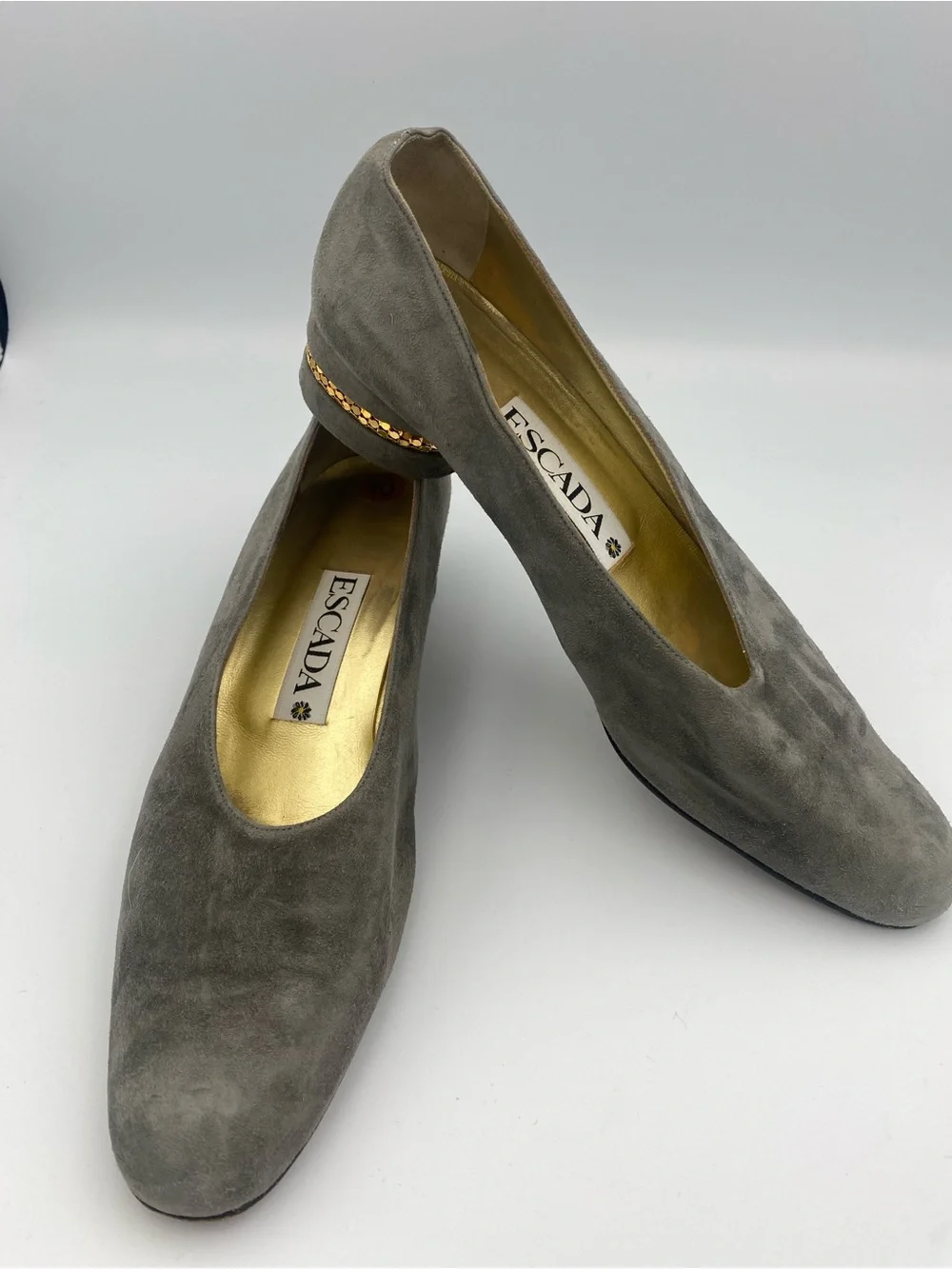 Escada Gray Suede Low Block Heel Pumps with Gold Accent